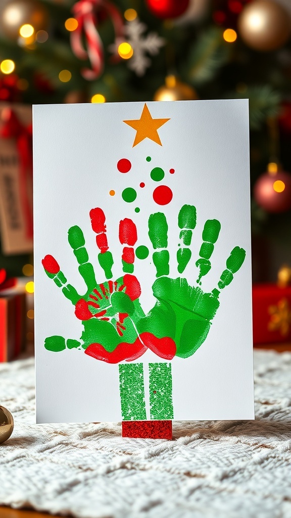 Handprint Christmas Card Craft A handmade Christmas card with handprint designs, decorated with glitter and festive elements.